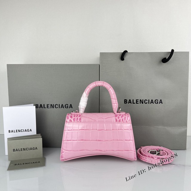 Balenciaga專櫃爆款櫻花粉鱷魚紋銀扣手提女包 巴黎世家原廠xs號Hourglass沙漏包 款號：8896 fyj1196